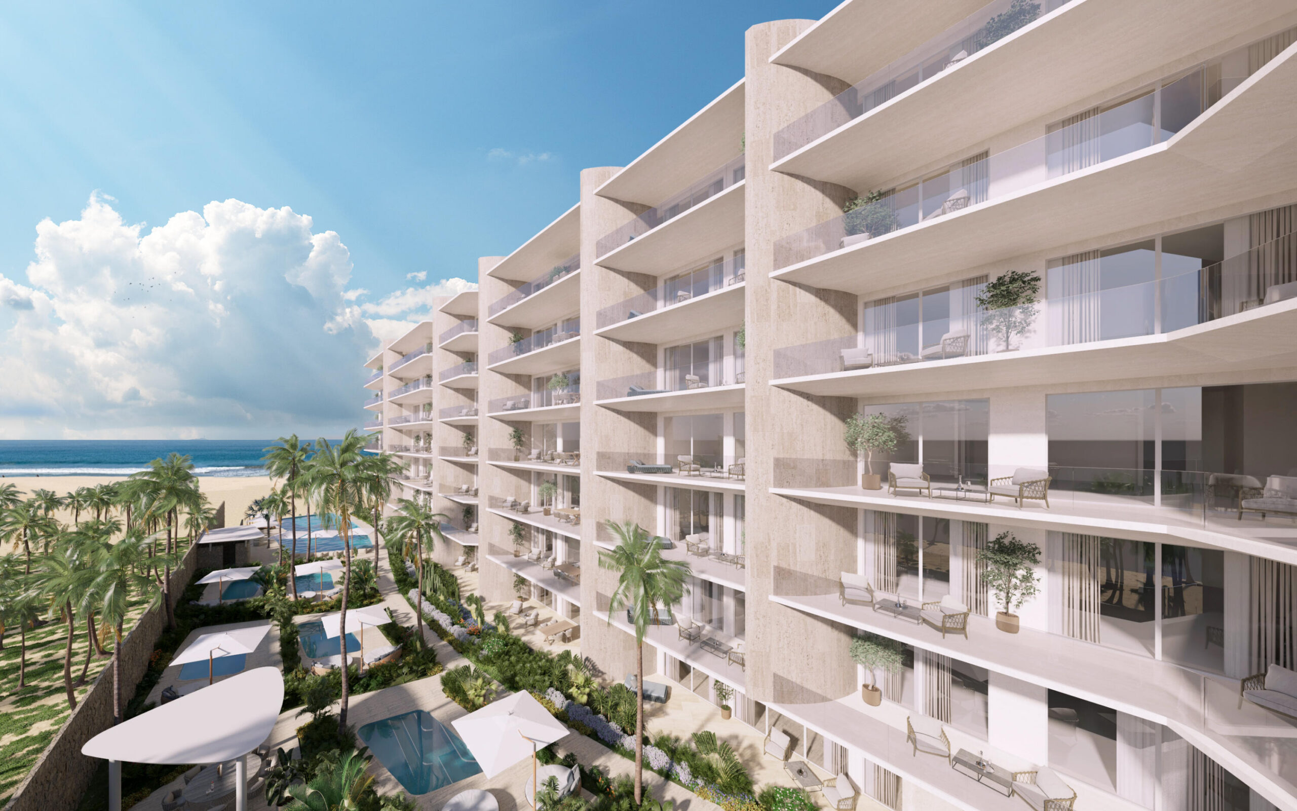 Cabo San Lucas Aura This is the smallest residence in the entire development, designed to offer an exceptional opportunity to own a two-bedroom home within 100 m² (1,071 sqft) of interior space, plus a terrace, one parking space, and a small storage unit. It represents the best entry-level price--the most affordable option to acquire a new, modern, beachfront property. The unit features two ocean- for sale