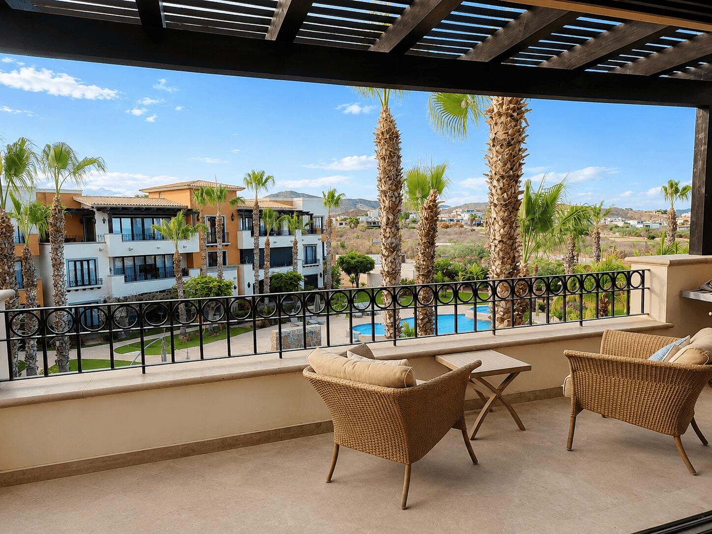 Cabo San Lucas Villas De México Choya 6 is a top-floor penthouse with 2 bedrooms and 2 bathrooms within Las Villas de México at the Club Campestre Master Development in San José del Cabo. The elevated position offers unobstructed for sale