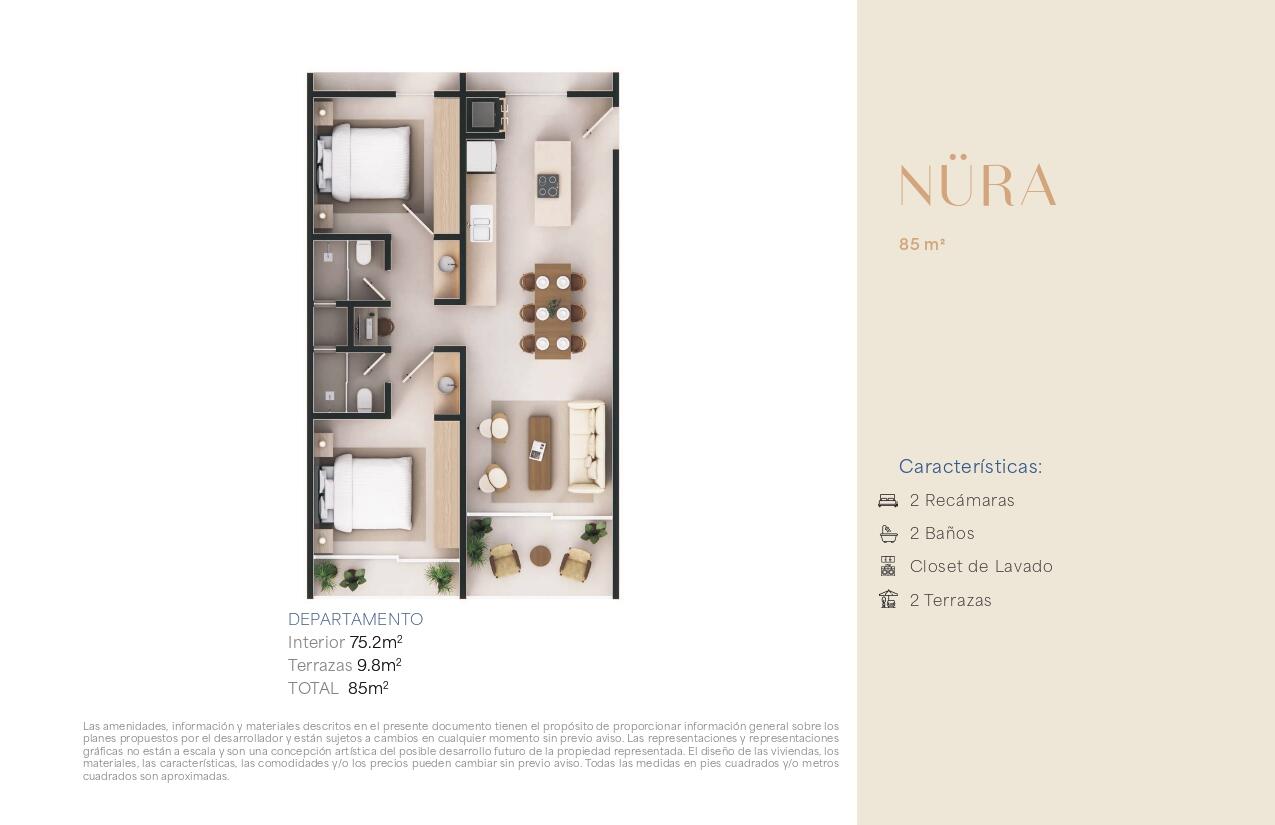 Cabo San Lucas Nahara Cabo Living Discover this exclusive 2-bedroom residence at Nahara Cabo Living. Offering 85 m² total, including 75.2 m² of interior living space and 9.8 m² of terraces, this thoughtfully designed unit features a functional layout, abundant natural light, two private terraces, a laundry closet, elevator access, and high-end finishes throughout.Residents enjoy resort-style amenities including a clubhouse with gym, hotel-style guest suites, swimming pools, paddle and pickleball courts, fire pit areas, panoramic for sale