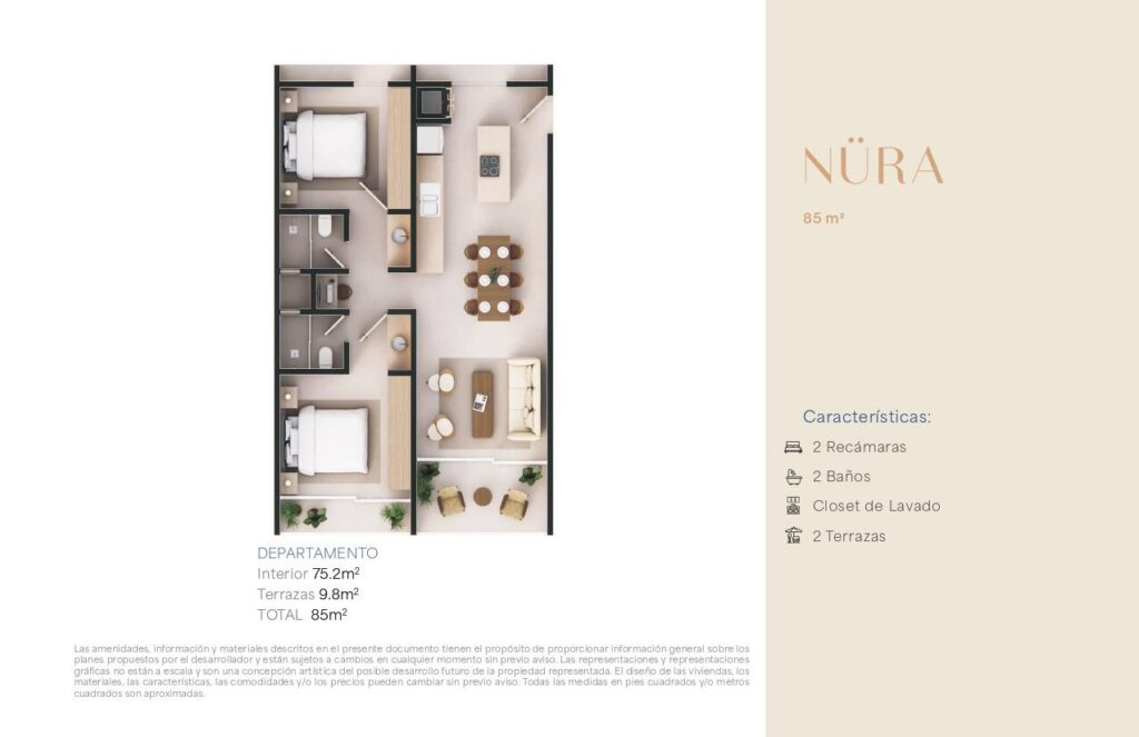 Cabo San Lucas Nahara Cabo Living Discover this exclusive 2-bedroom residence at Nahara Cabo Living. Offering 85 m² total, including 75.2 m² of interior living space and 9.8 m² of terraces, this thoughtfully designed unit features a functional layout, abundant natural light, two private terraces, a laundry closet, elevator access, and high-end finishes throughout.Residents enjoy resort-style amenities including a clubhouse with gym, hotel-style guest suites, swimming pools, paddle and pickleball courts, fire pit areas, panoramic – NURA NAHARA CABO LIVING, Cabo Corridor, Cabo Corridor, BS
