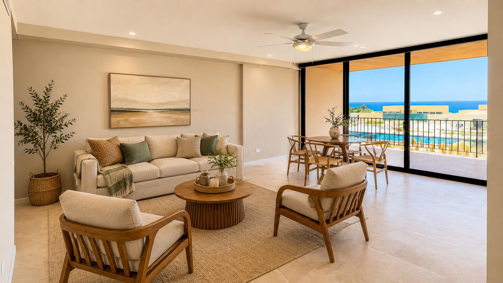 Cabo San Lucas Lumaria Lumaria C-106 is a upscale turnkey two-bedroom, two-bathroom ground-floor residence in El Tezal with ocean, Arch, pool and garden for sale