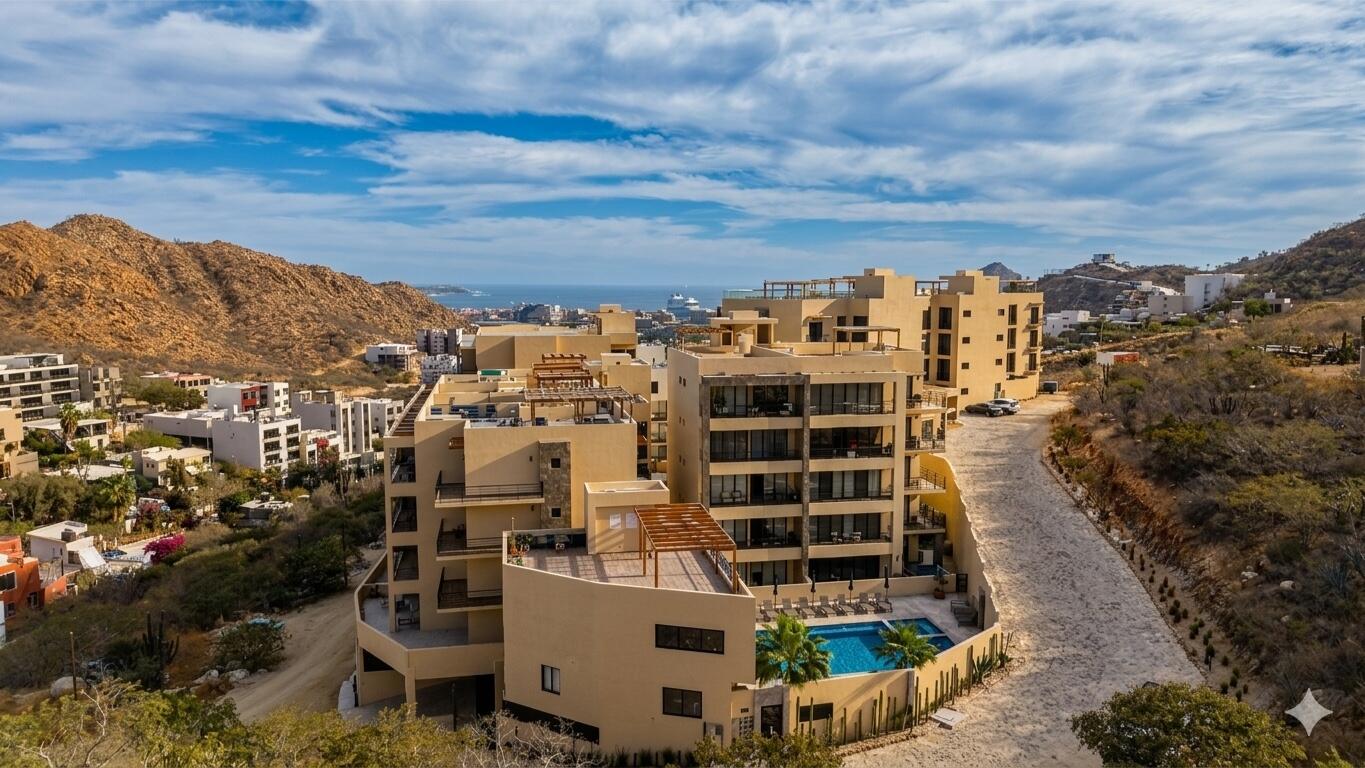 Cabo San Lucas Vista Mare Condo for sale at Vista Mare in Cabo San Lucas, located on the ground floor and ready for delivery. This unit offers 128.03 m² total, distributed in 97.65 m² of interior space and 30.38 m² of terraces, providing comfortable and functional living areas. It features 2 bedrooms, 2 full bathrooms, living room, dining area, equipped kitchen, air conditioning, and a pleasant private patio, ideal for enjoying an exclusive outdoor space. It also includes 1 underground parking space. The development offers amenities such as a gym, 2 swimming pools, jacuzzi, and firepit, perfect for enjoying the Los Cabos lifestyle. An excellent option to live in, vacation, or invest in a high-demand real estate area. – Don Alberto, Cabo San Lucas, BS