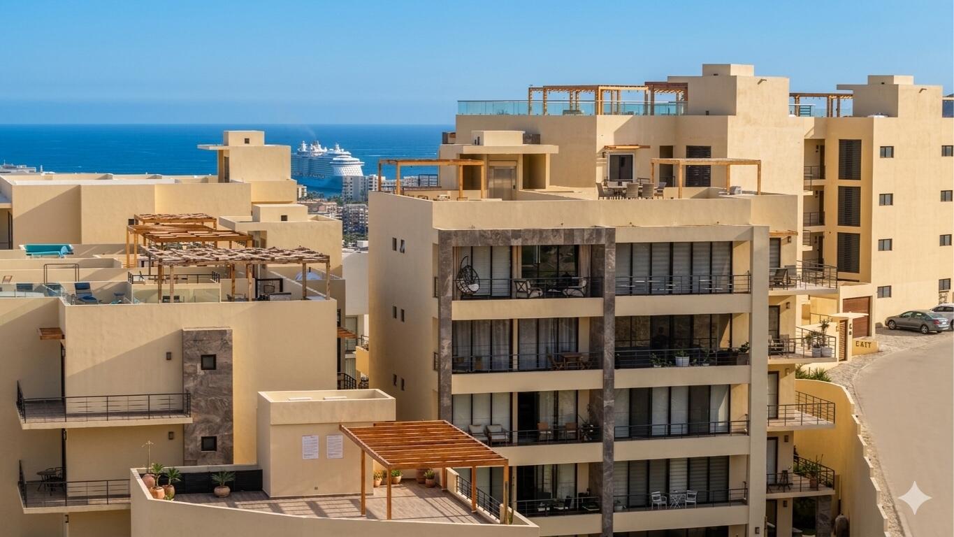 Cabo San Lucas Vista Mare Condo for sale at Vista Mare, Cabo San Lucas, located on the third level with ocean and mountain for sale